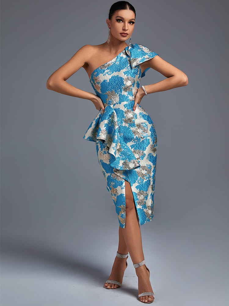 Blue One Shoulder Jacquard Ruffle Dress – Dadhami