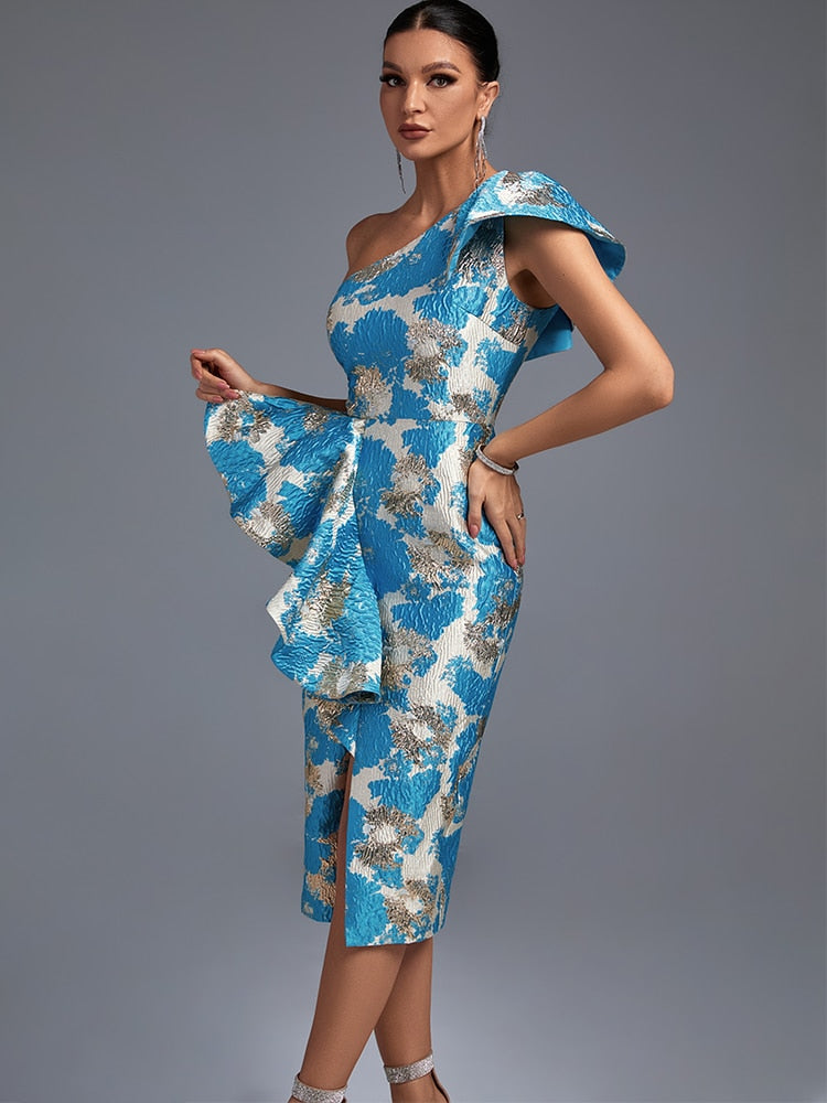 Blue One Shoulder Jacquard Ruffle Dress – Dadhami